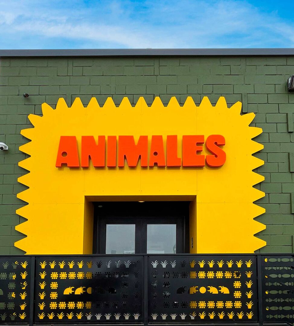 Exterior shot of the fun and colorful Animales restaurant.