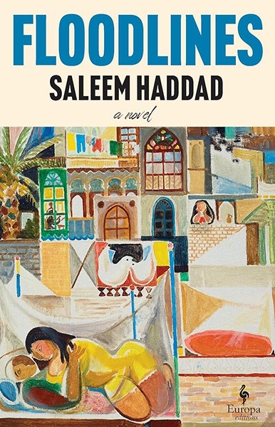 The cover of Floodlines with a abstract painted cityscape background and a woman in a yellow dress holding someone lying in the street.