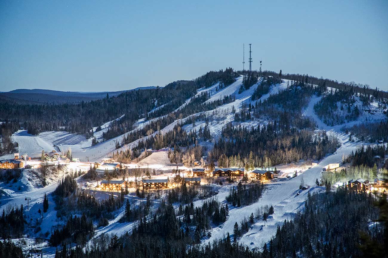 Distant aerial view of Lutsen Mountains.