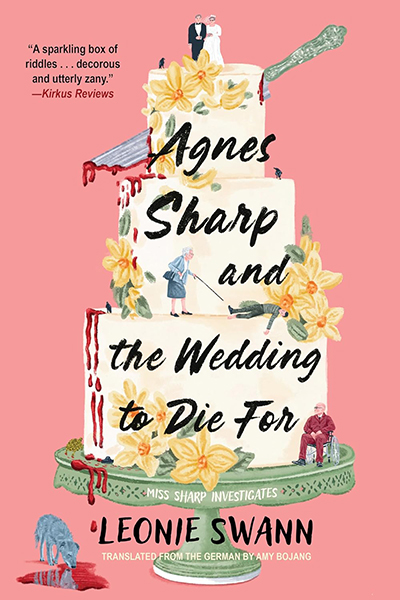 The cover of Agnes Sharp and the Wedding to DIe For with an illustrated wedding with a bloody knife stabbed through the top of the cake.