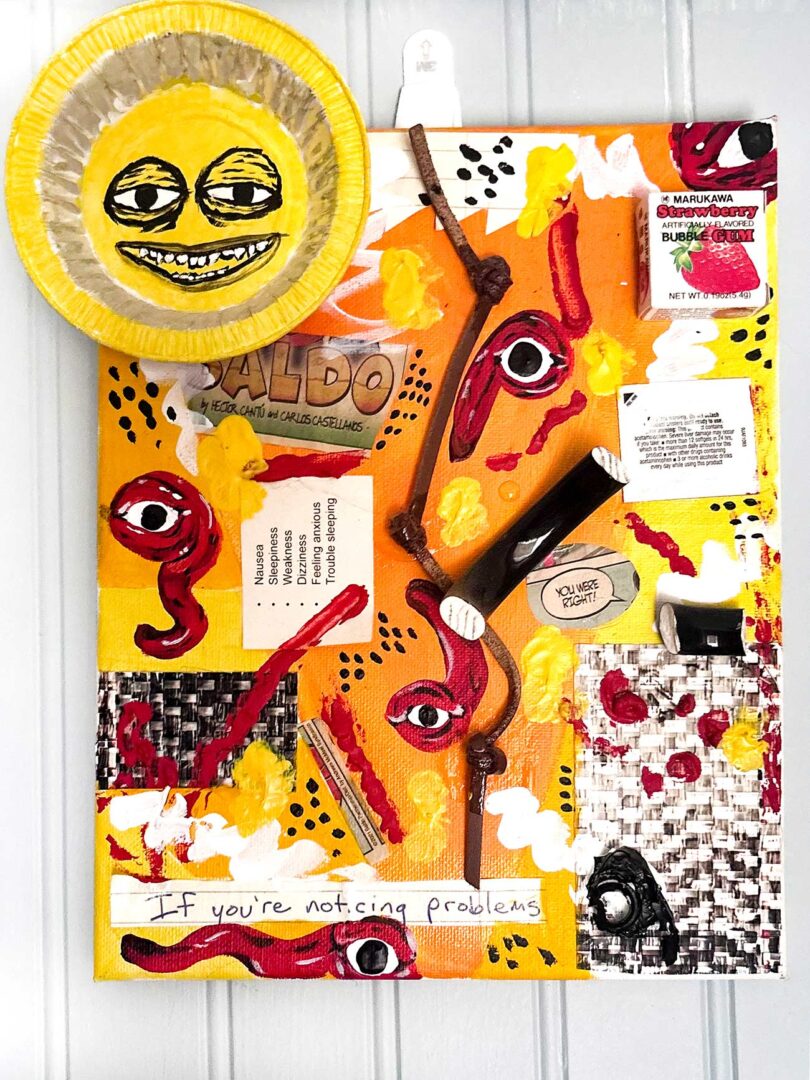 Abstract yellow, red and orange canvas painting.