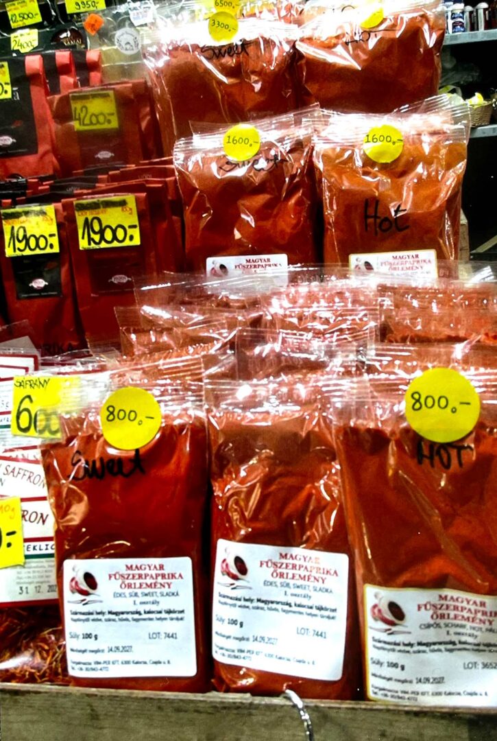 Packets of paprika spices at Central Market Hall an indoor market in Budapest, Hungary.