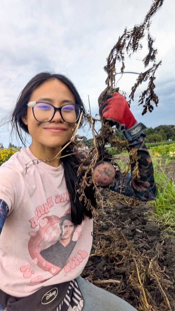 Young woman holding a freshly picked potato.