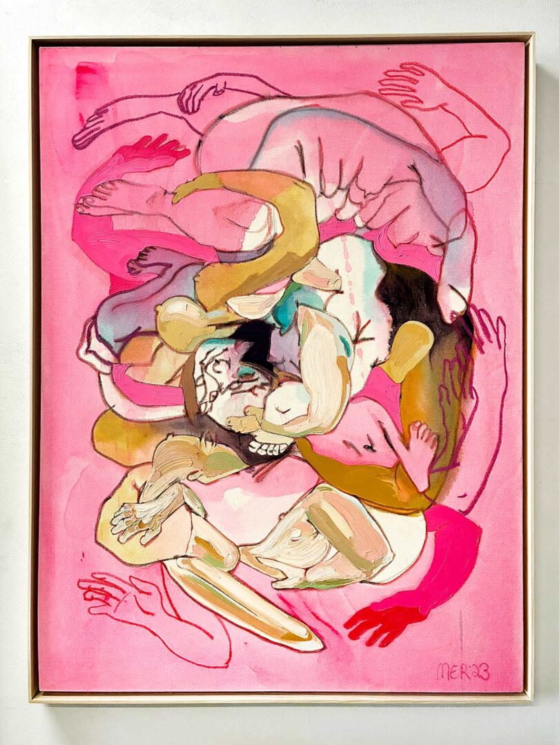 Abstract painting portraying murder on a pink background.