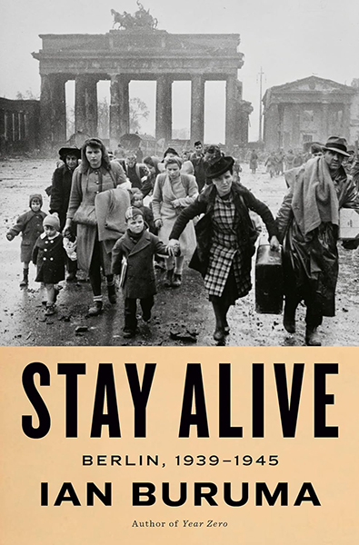 The cover of Stay Alive with a black and white photo of families fleeing from a war torn city.