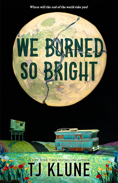 The cover of We Burned So Bright with an illustrated moon with a large crack in the sky and a RV traveling down a road.