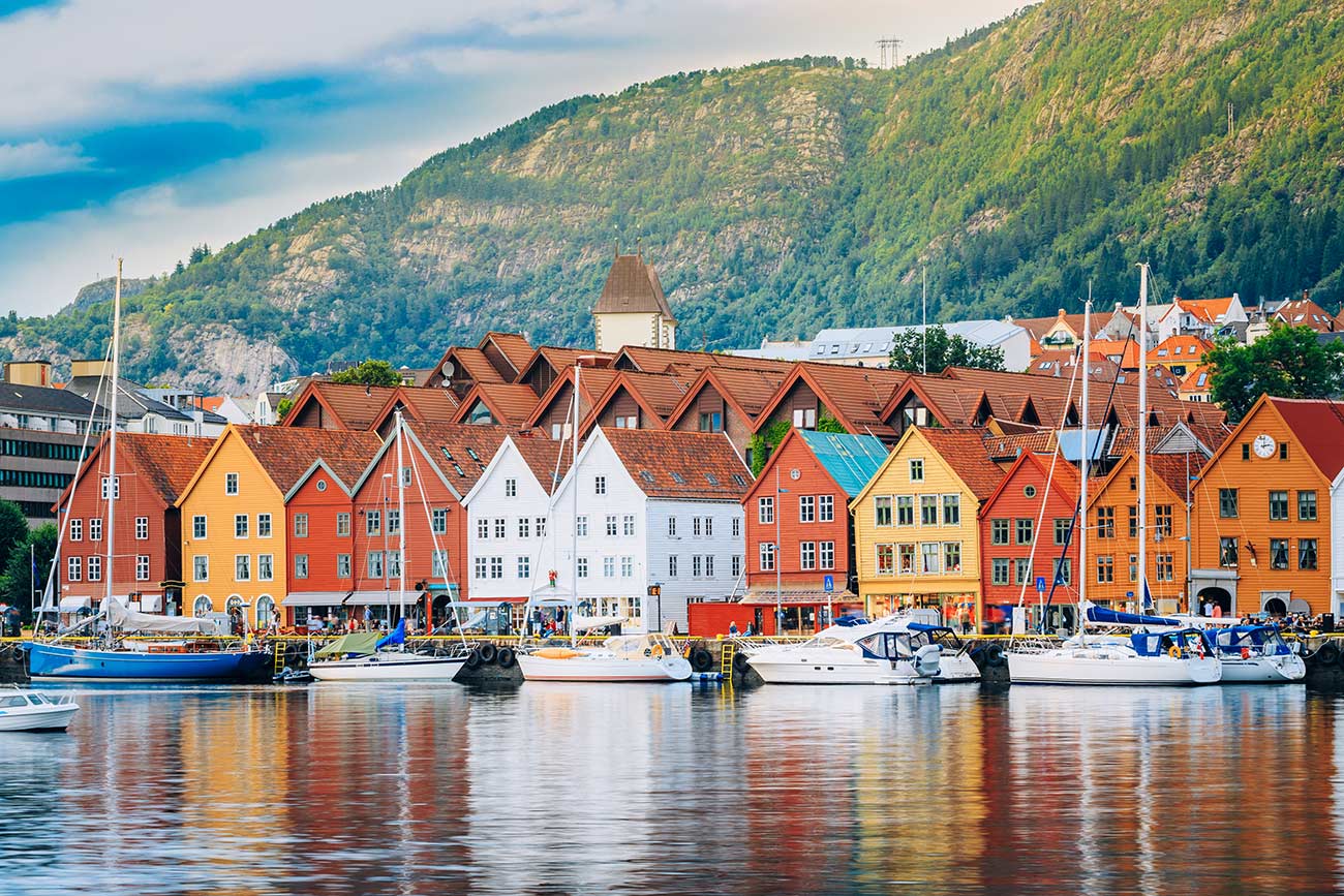 View of historical buildings in Bryggen- Hanseatic wharf in Bergen, Norway.