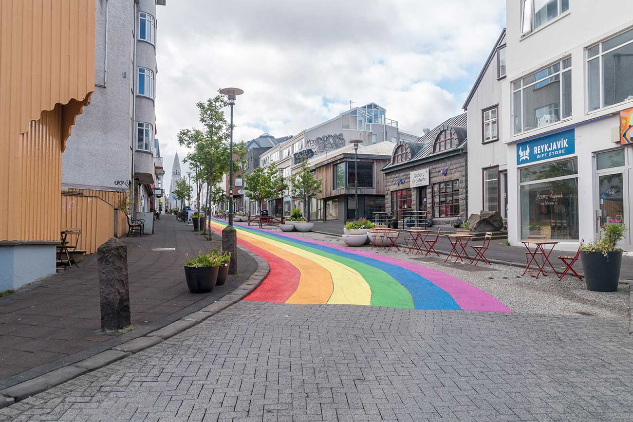 Painted rainbow LGBT on street in Reykjavik, Iceland.