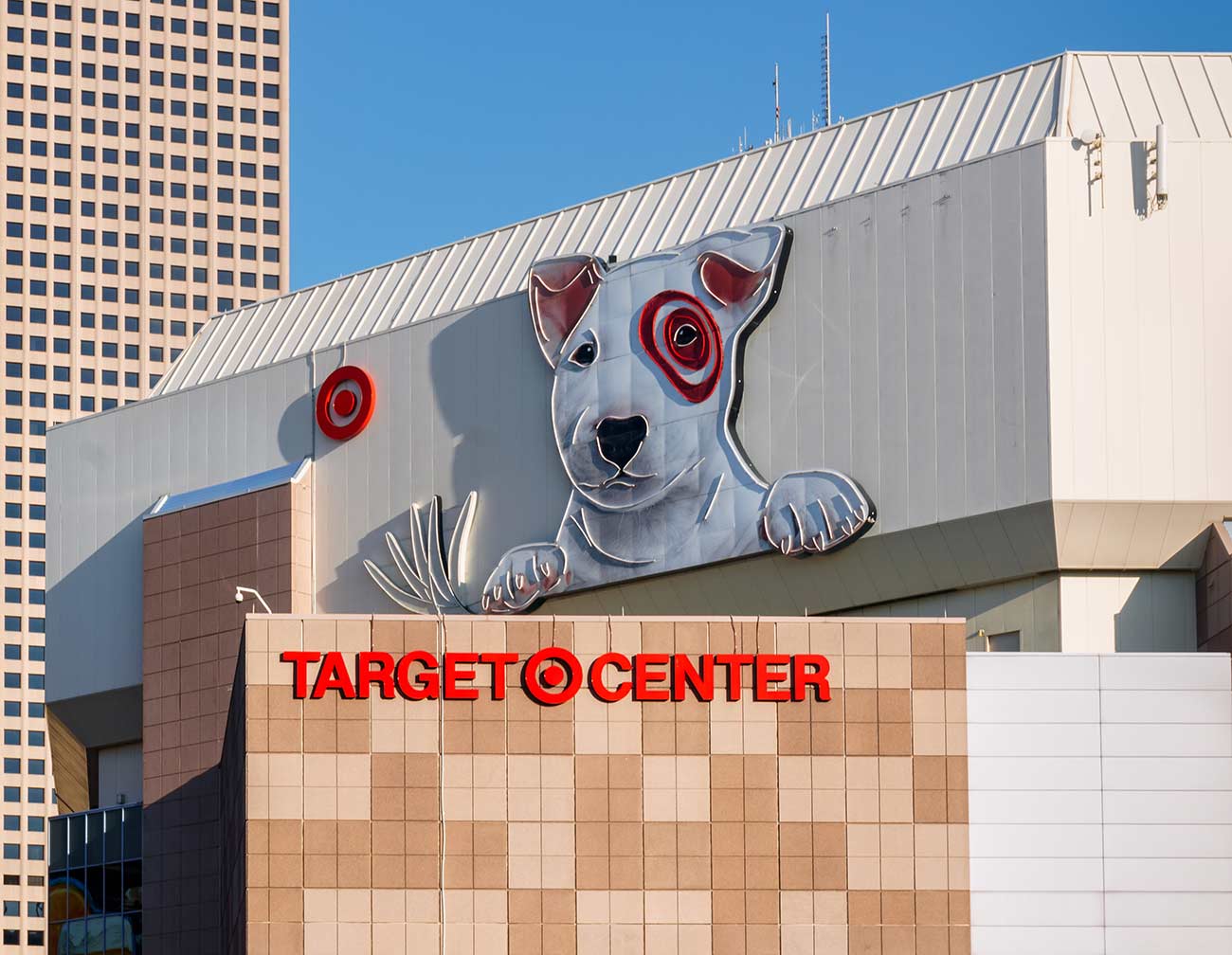 Target Center exterior logo and Bulleyes the dog.