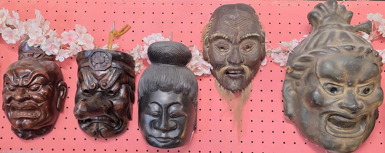 Traditional Japanese masks hanging on a wall.