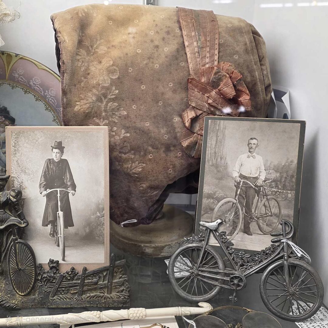 Small table of vintage black and white photos, clothing and small knick-knacks.