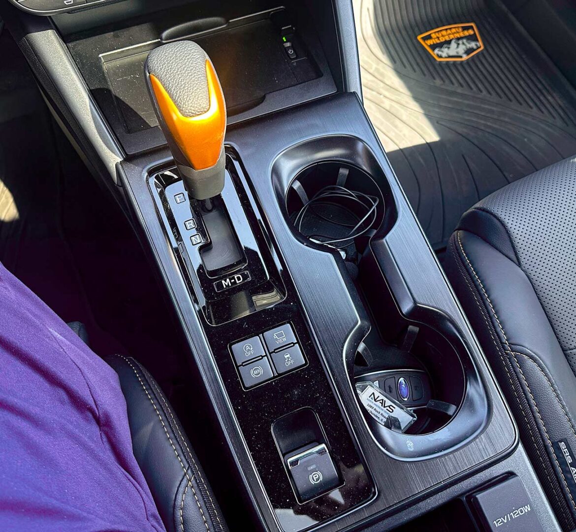 Close-up of the gear shift in the 2026 Subaru Outback Wilderness.