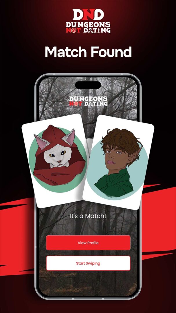 Screenshot of a gamer dating app with two profiles match.