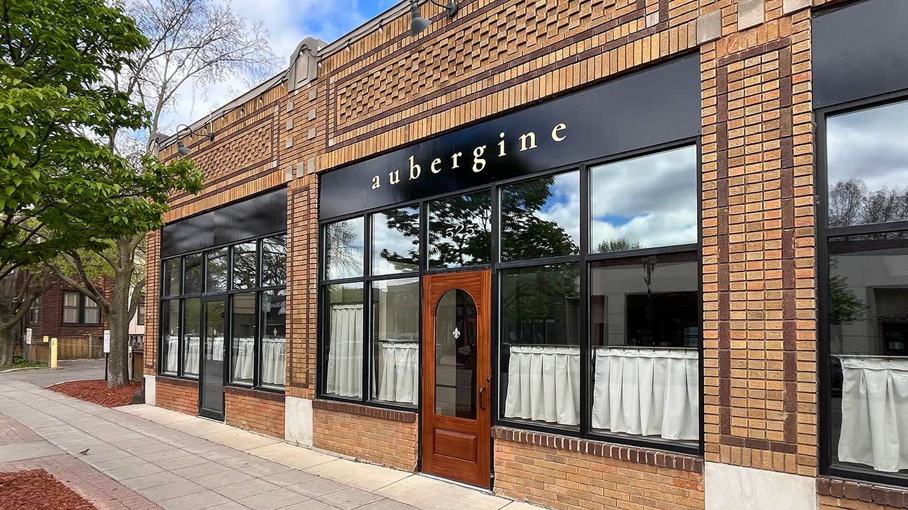 Exterior view of the restaurant Aubergine off Selby Ave.