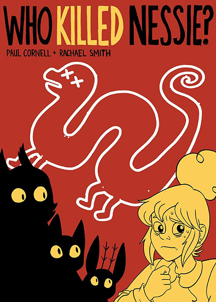 The cover of Who Killed Nessie? with an illustrated young girl, black silhouette cats, and a white chalk outline of Nessie.