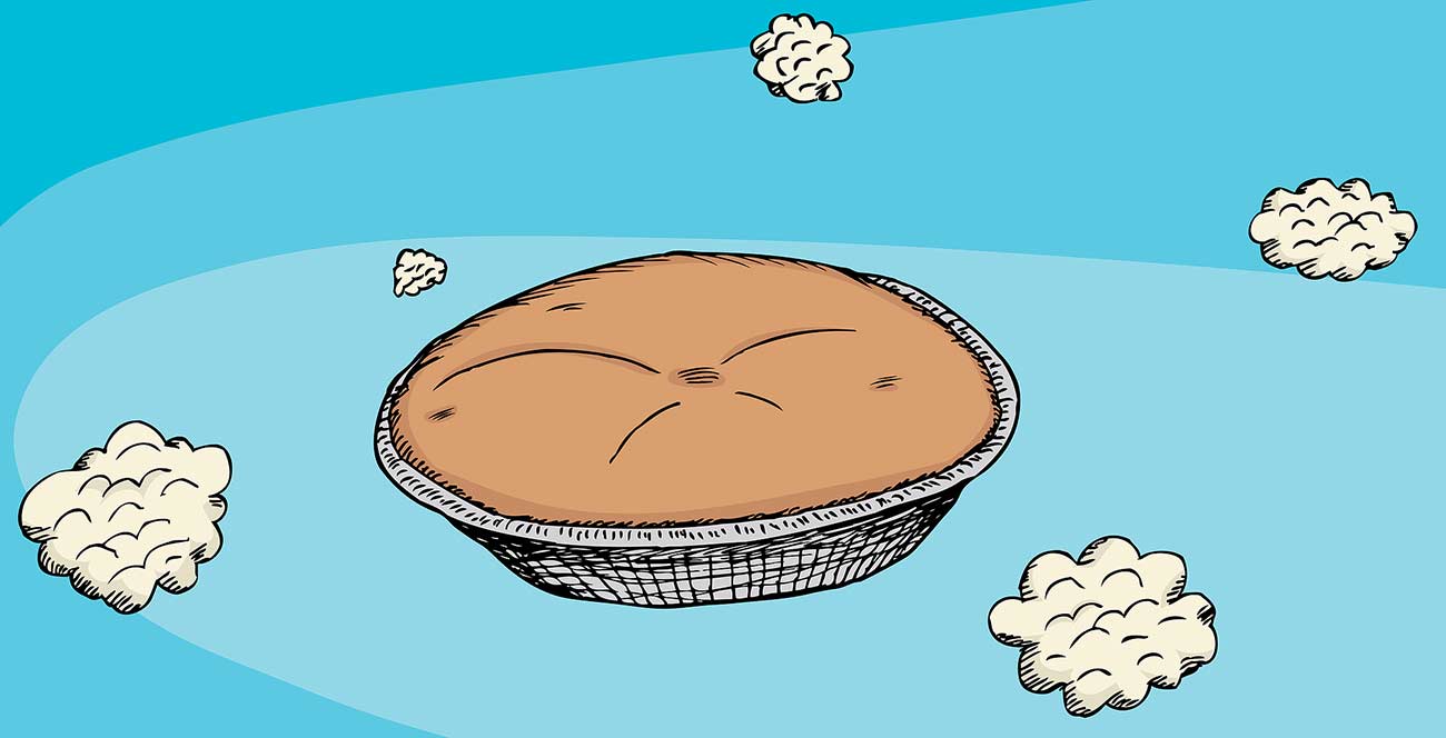 Cartoon of a baked pie in the sky with clouds.