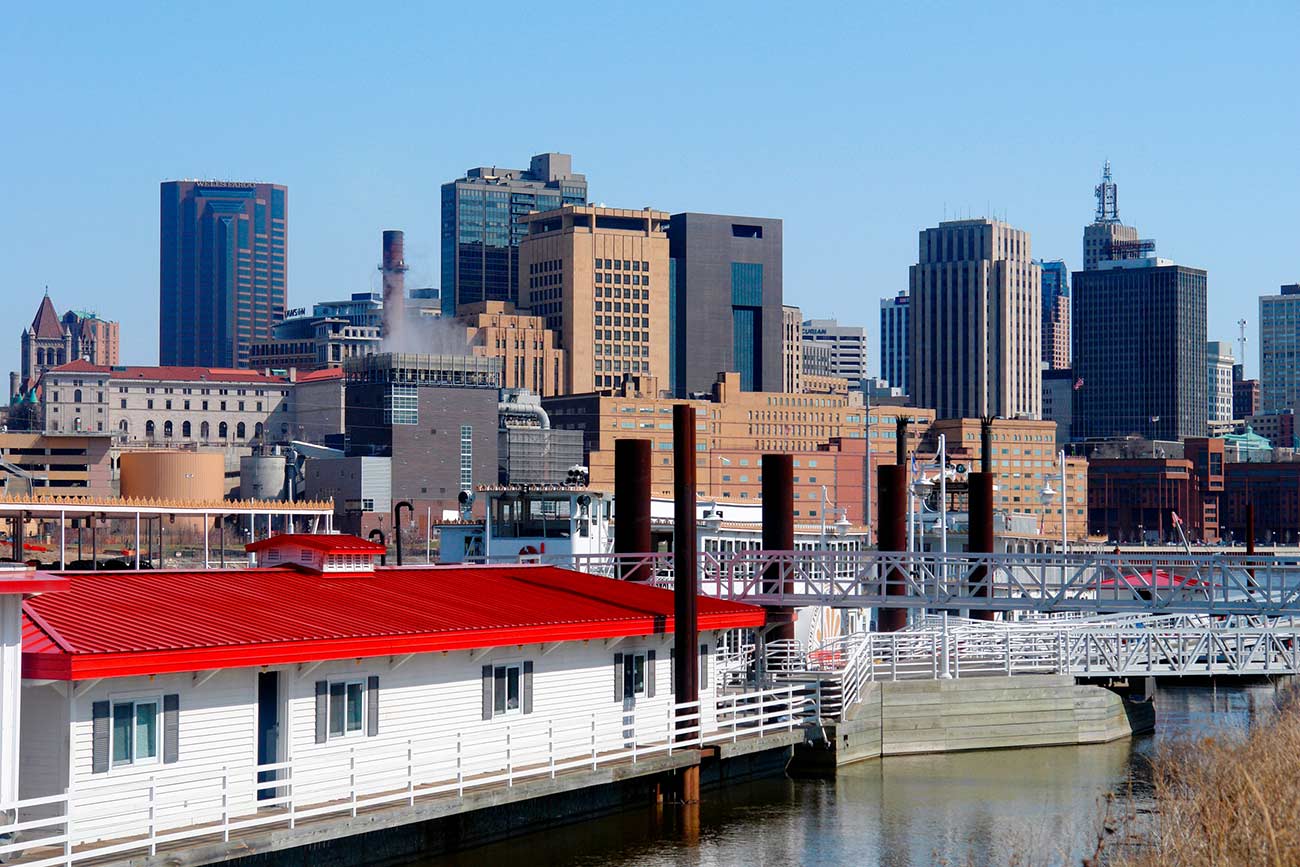 A picture of the St. Paul skyline from Harriet Island.