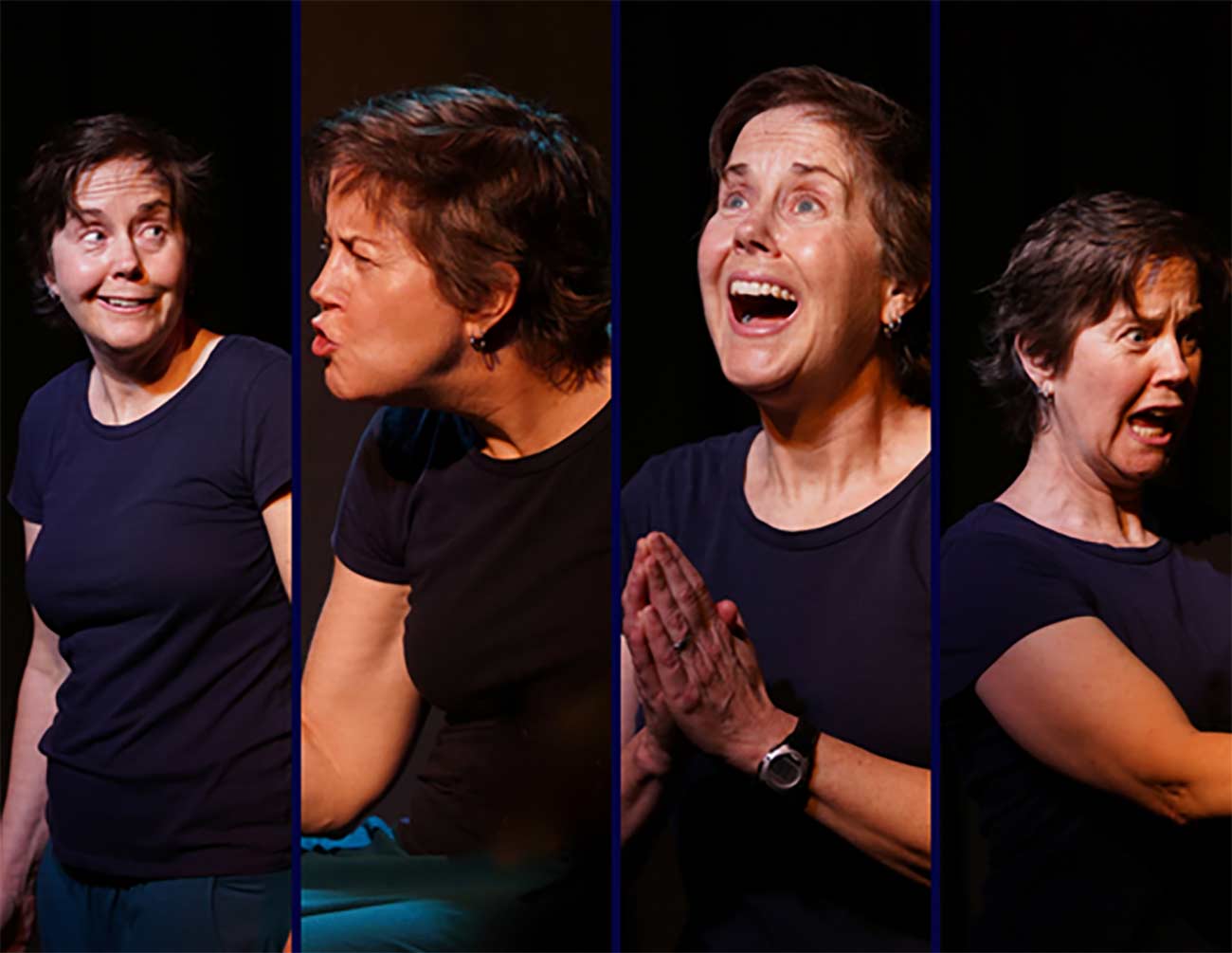 Four different shots of actress Lyralen Kaye doing an act on stage.