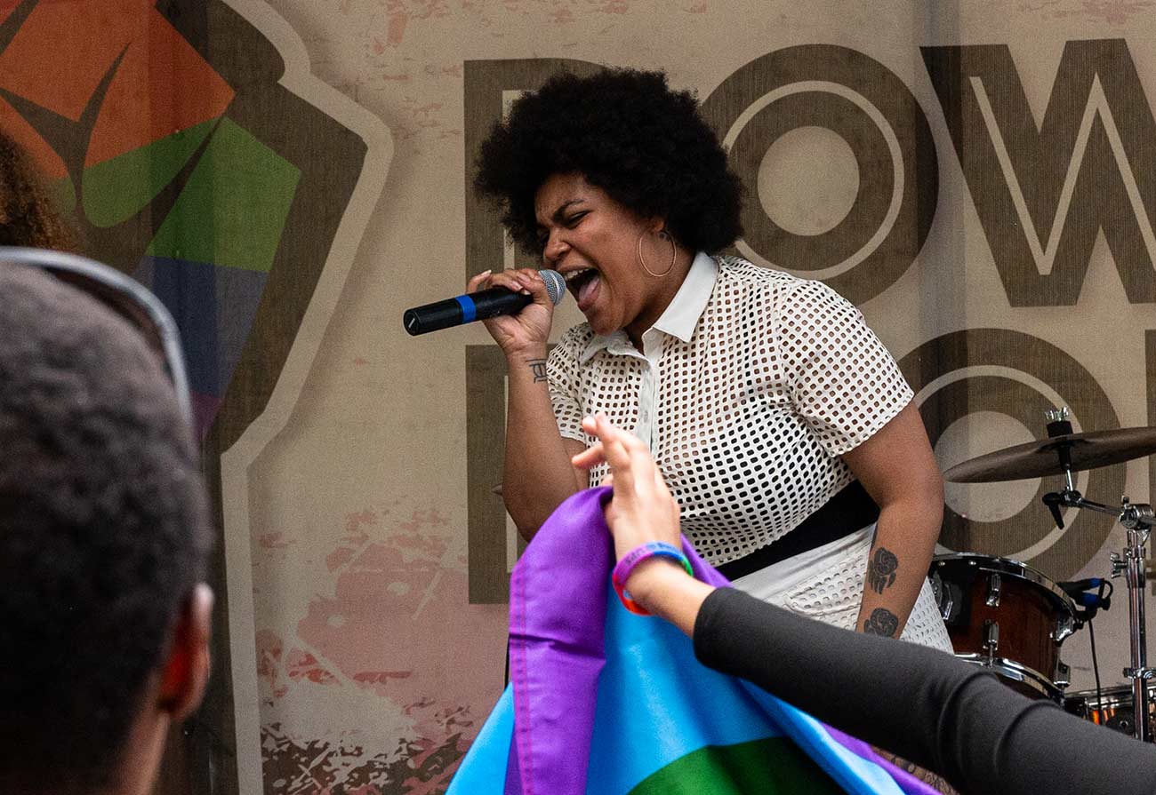 Jaz Steele singing on the Power to the People stage at Twin Cities Pride.