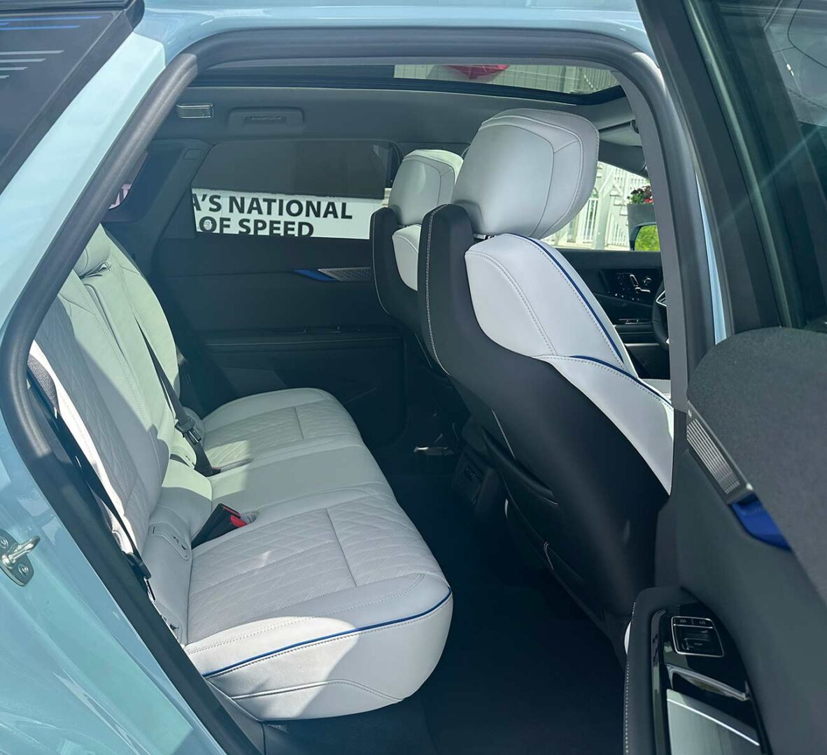 Interior shot of the leather seats featured in the 2026 Cadillac Optiq-V.