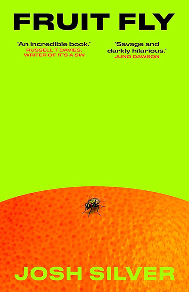 The cover of Fruit Fly with an image of a fly on an orange with a lime green background.